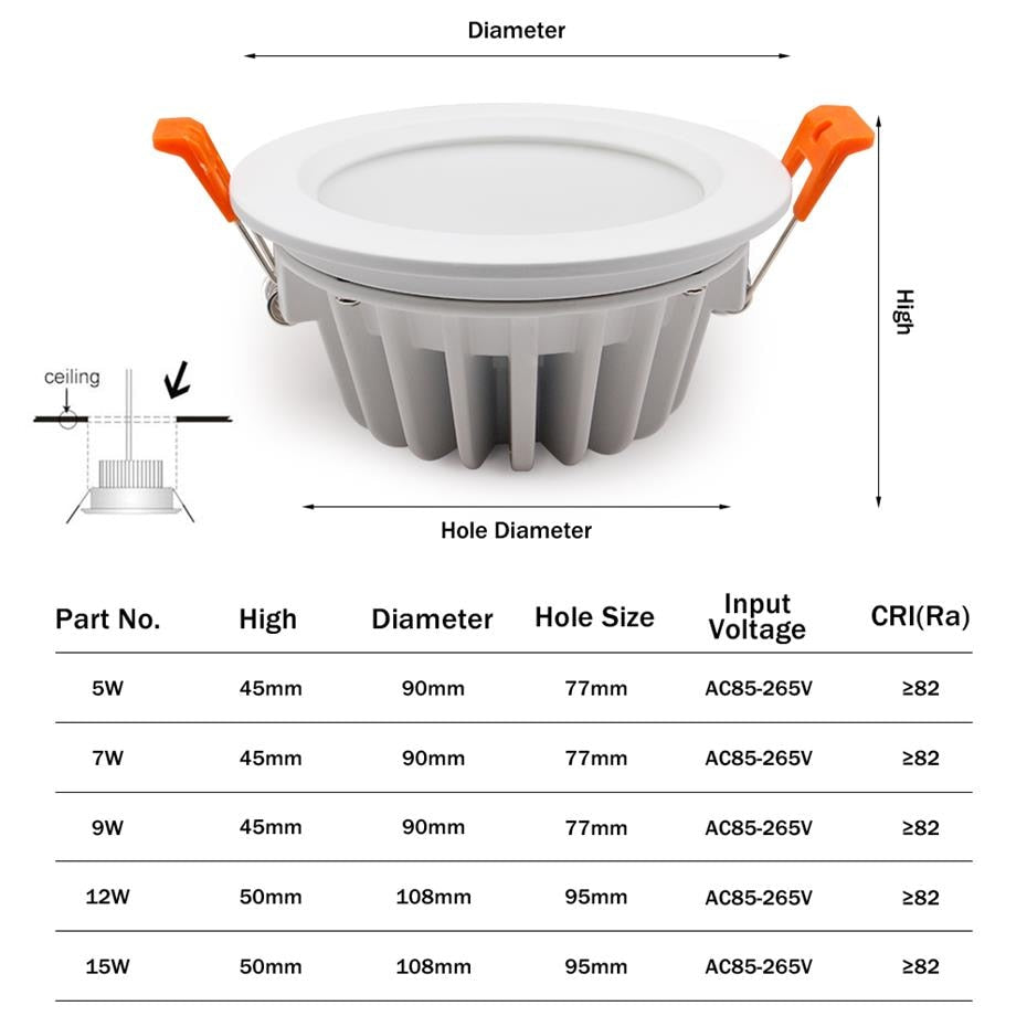 Round IP65 Led Downlight Waterproof Recessed Ceiling Lamp Indoor Led spot Lamp 5W 7W 9W 12W 15W SMD LED Chip Hight Brightness