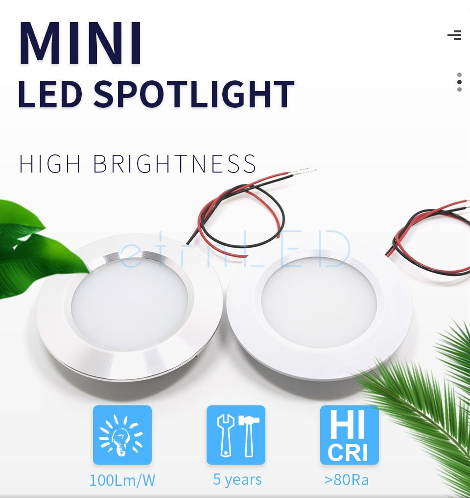 LED Mini LED Spot Round Ultra-Thin Concealed Recessed Downlight 12V 3W Under Cabinet Closet Wardrobe Motorhome Lamp Dimmable