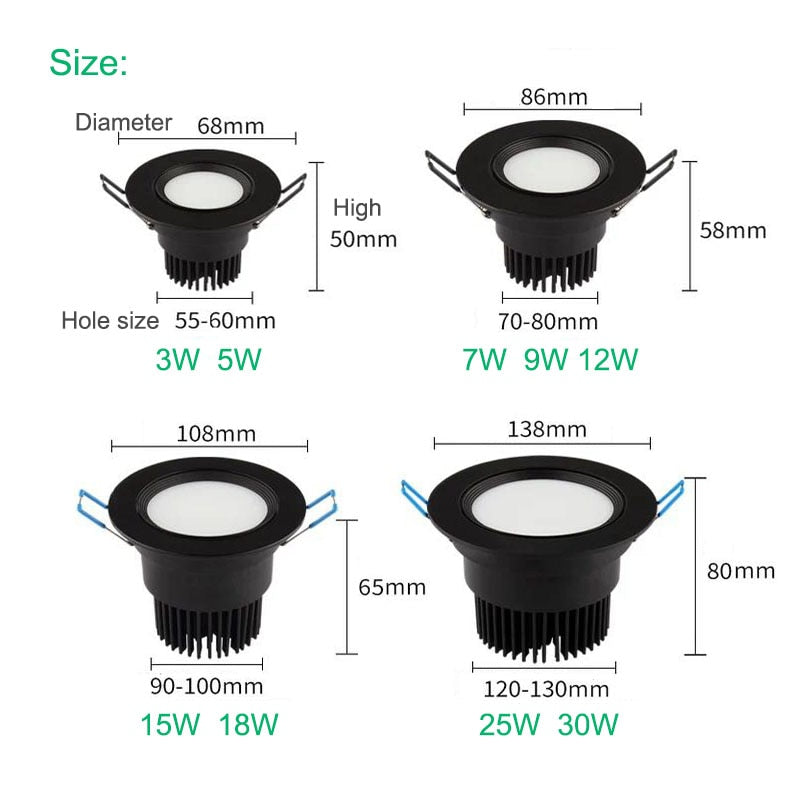 Dimmable LED Downlight COB Spotlight Ceiling Light 5W 7W 9W 12W 15W 18W 25W 30W Round Embedded LED Downlight Panel Light AC110V 220V