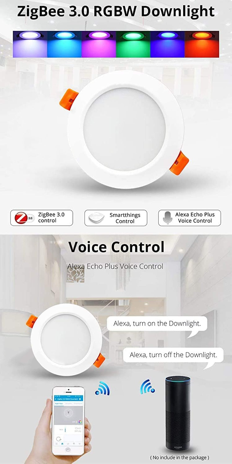 Tuya ZigBee RGBCW 6Inch 15W Recessed Retrofit Downlight  LED Dimmable Fixture Ceiling Light, Alexa Echo PlusHome Automation RGB