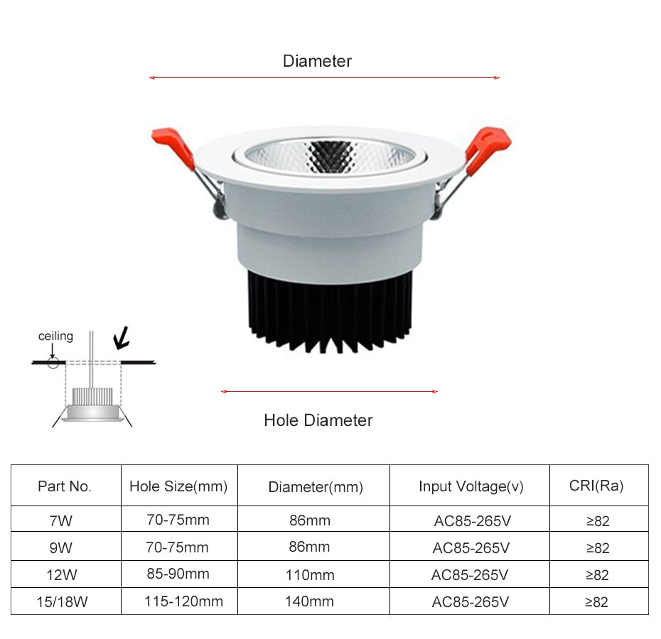DBF Angle Adjustable LED Recessed Downlight Dimmable 7W 9W 12W 15W 18W Epistar COB Chip Ceiling Spot Lamp with 110/220V Driver