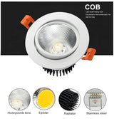 DBF Angle Adjustable LED Recessed Downlight Dimmable 7W 9W 12W 15W 18W Epistar COB Chip Ceiling Spot Lamp with 110/220V Driver