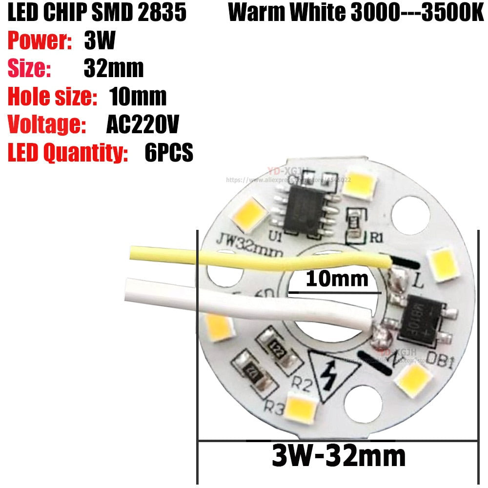 Drive free led pcb SMD2835  3W 32mm &amp;10mm integrated ic driver Led Light Source For Chandelier crystal lamp Downlight Warm White