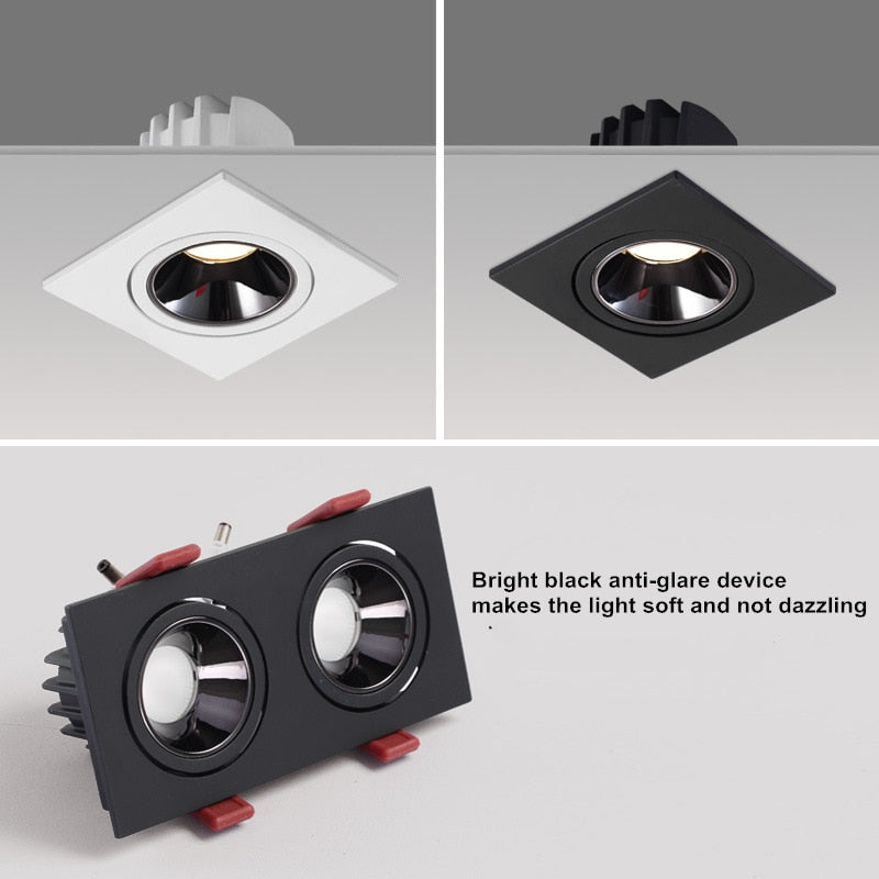 2020 dimmable anti-glare LED recessed downlight 5W 7W 12W ceiling spotlight AC 110V/220V angle adjustable square spotlight
