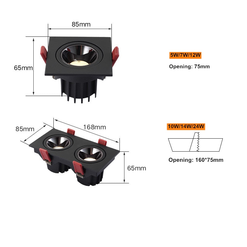2020 dimmable anti-glare LED recessed downlight 5W 7W 12W ceiling spotlight AC 110V/220V angle adjustable square spotlight