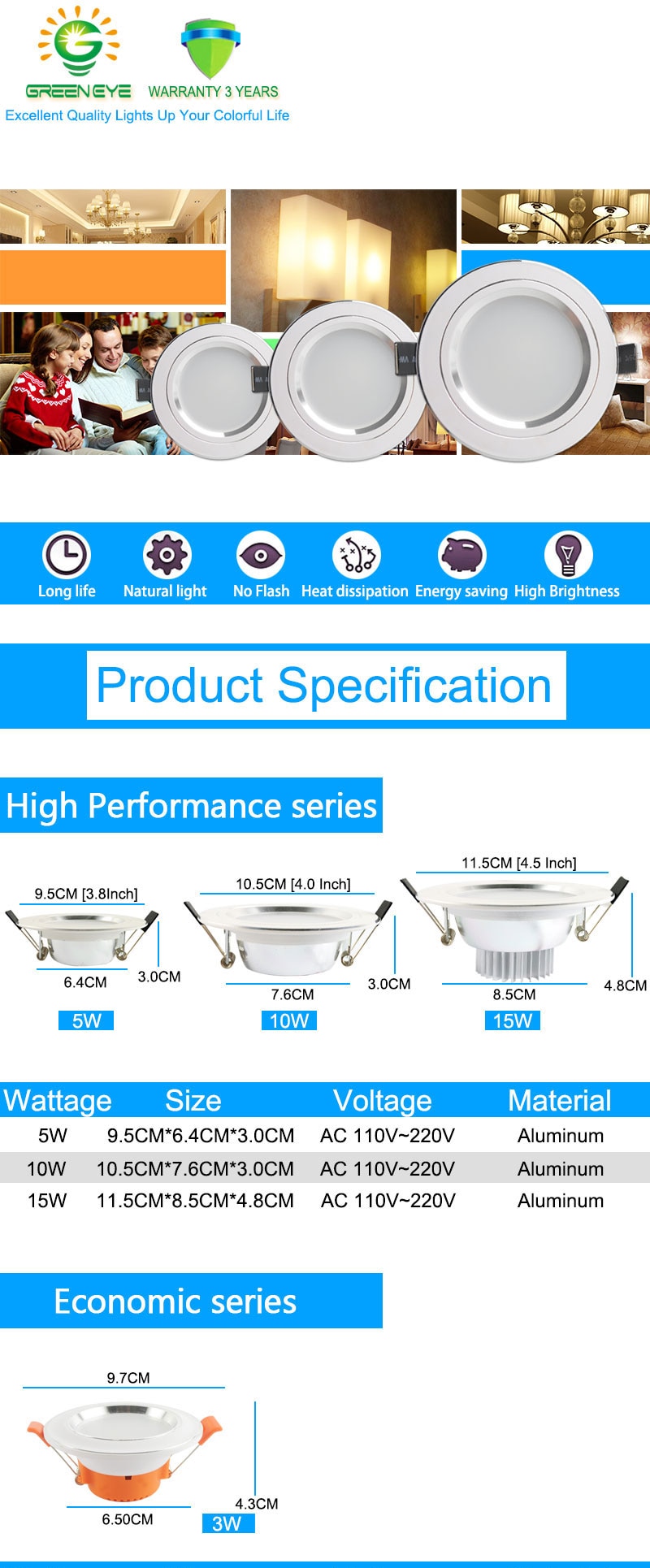 GreenEye AC85~265V High Power LED Downlights Ceiling Lamp SMD5730 5W 10W 15W 110V 220V LED Lamp LED Down Light Spot Light Bright