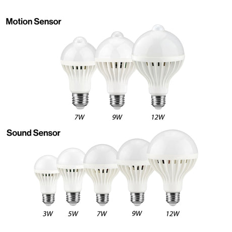 AC 85-265V Smart Sound/ PIR Motion Sensor Bombillas LED Bulb E27 3W 5W 7W 9W 12W Induction lamp Stair Hallway light