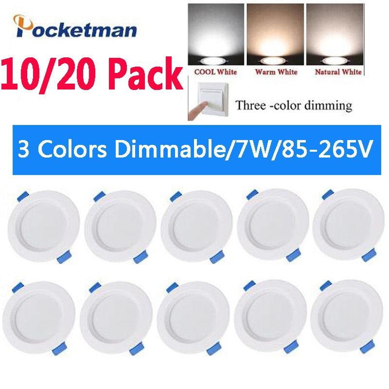 Dimmable Round Led Recessed 10/20 Pack 85-265V 7W 3 Color Ceiling Panel Light Led Down Light Downlight Fixture Lamp Ceiling Lamp