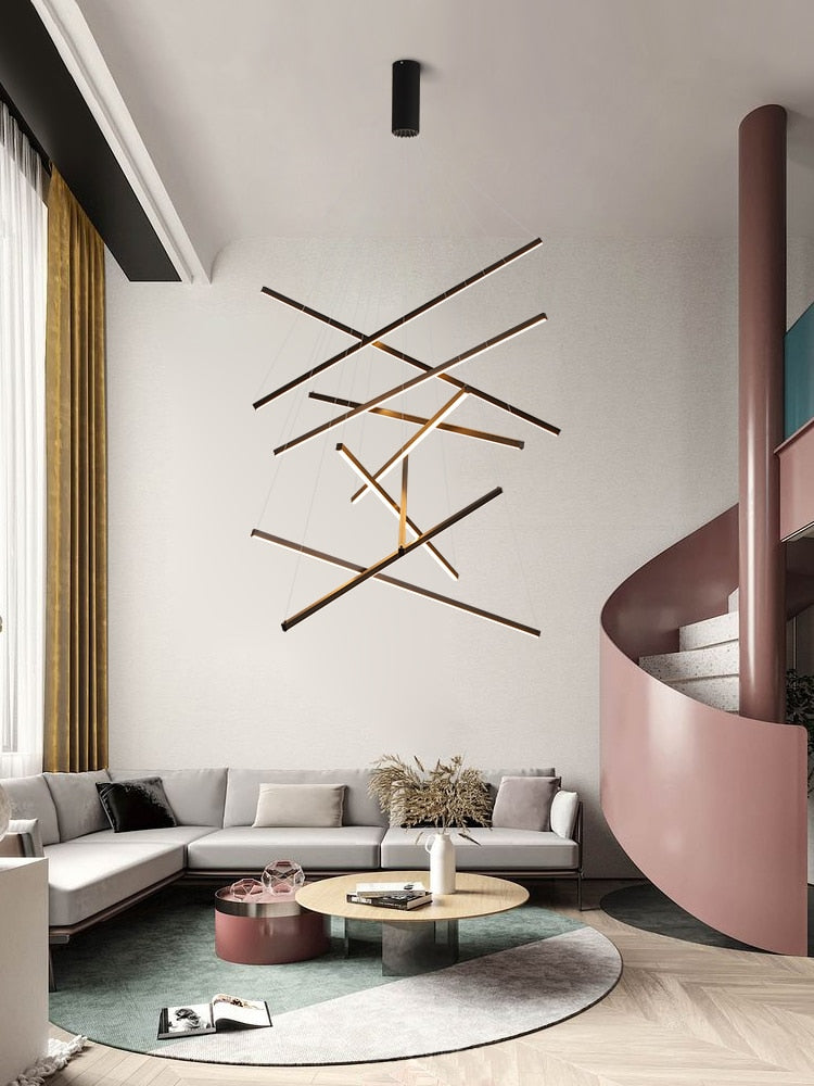 New LED Chandelier Lighting Modern for Staircase Living Room Dining Room Industrial Pendant Lamp Loft Villa Black Long Downlight