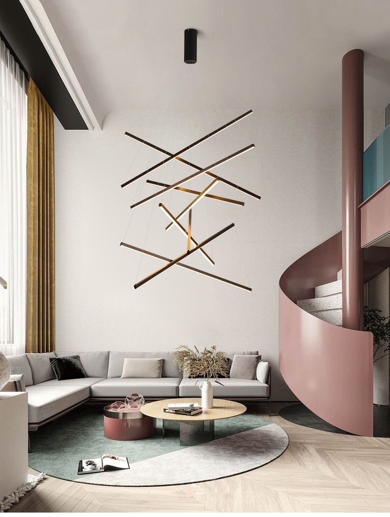 New LED Chandelier Lighting Modern for Staircase Living Room Dining Room Industrial Pendant Lamp Loft Villa Black Long Downlight