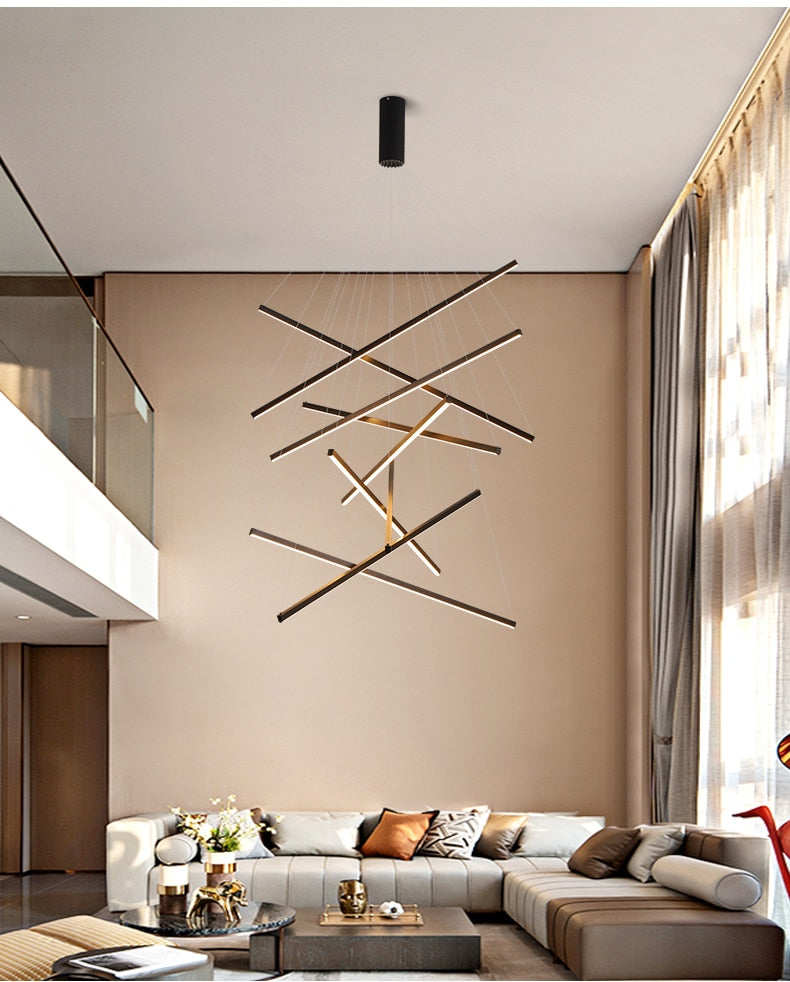 New LED Chandelier Lighting Modern for Staircase Living Room Dining Room Industrial Pendant Lamp Loft Villa Black Long Downlight