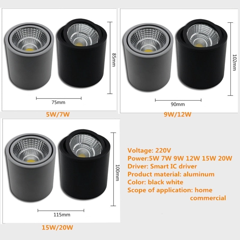 Dimmable LED downlight COB spotlight AC85-265V 5W 7W 9W 12W 15W 20W 30W aluminum surface mounted lamp indoor lighting