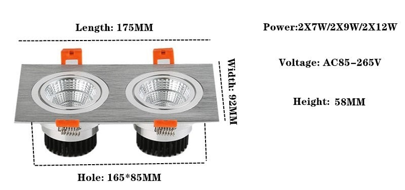 Super bright LED recessed ceiling light square downlight COB 7W 9W 12W 2X7W 2X9W 2X12W LED spotlight interior decoration AC 110V 220V