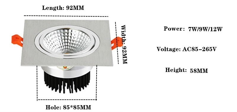 Super bright LED recessed ceiling light square downlight COB 7W 9W 12W 2X7W 2X9W 2X12W LED spotlight interior decoration AC 110V 220V