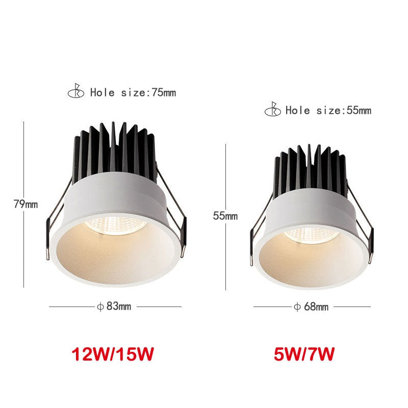 Dimmable Anti Glare Recessed COB LED Downlights 5W 7W 12W 15W LED Ceiling Spot Lights AC110V 220V  Indoor Lighting