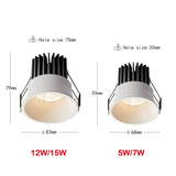 Dimmable Anti Glare Recessed COB LED Downlights 5W 7W 12W 15W LED Ceiling Spot Lights AC110V 220V  Indoor Lighting