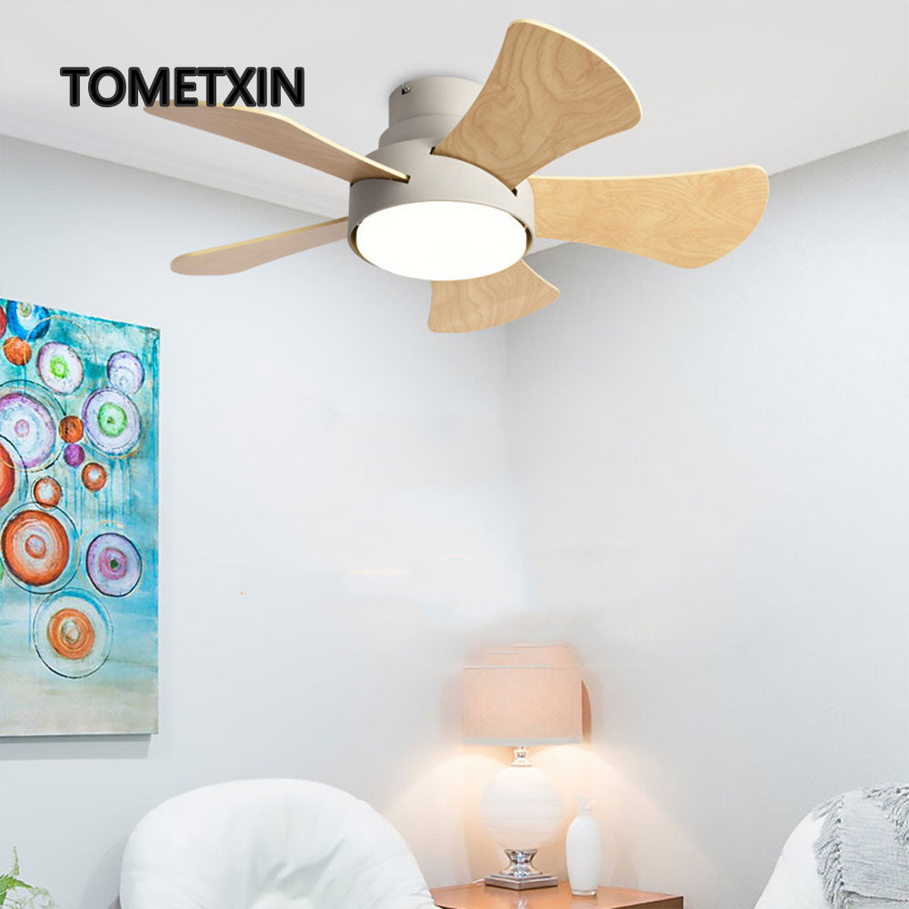 Wood Children&#39;s room ceiling fan lamp with lights remote control living room dining room kitchen Nordic wooden fans