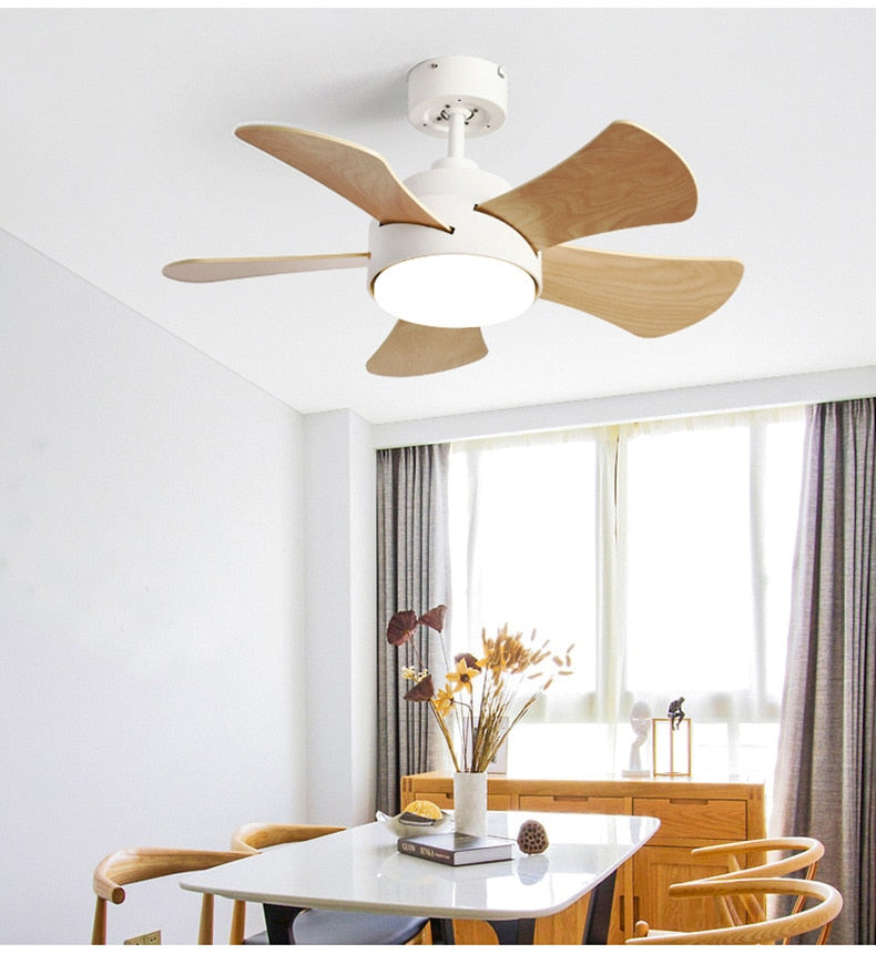Wood Children&#39;s room ceiling fan lamp with lights remote control living room dining room kitchen Nordic wooden fans