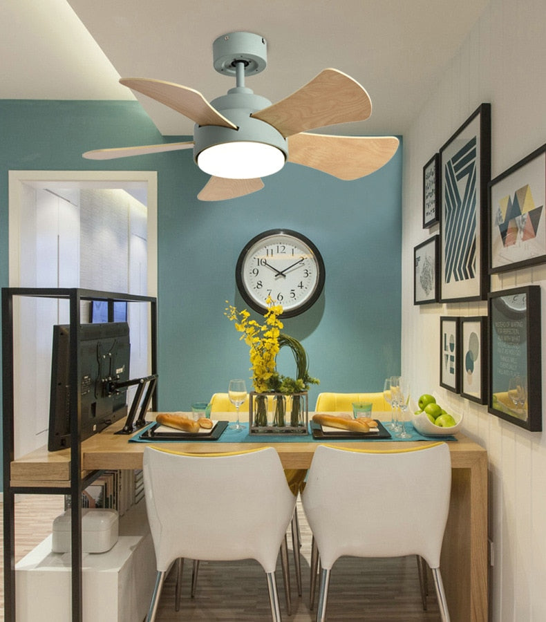 Wood Children's room ceiling fan lamp with lights remote control living room dining room kitchen Nordic wooden fans