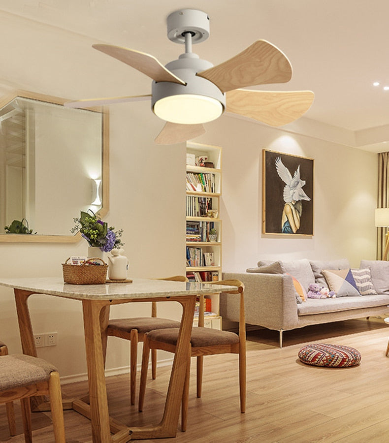 Wood Children&#39;s room ceiling fan lamp with lights remote control living room dining room kitchen Nordic wooden fans