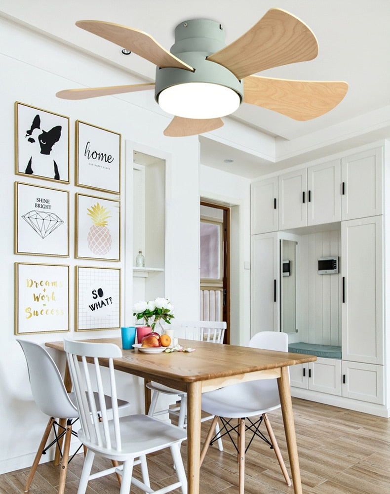 Wood Children&#39;s room ceiling fan lamp with lights remote control living room dining room kitchen Nordic wooden fans