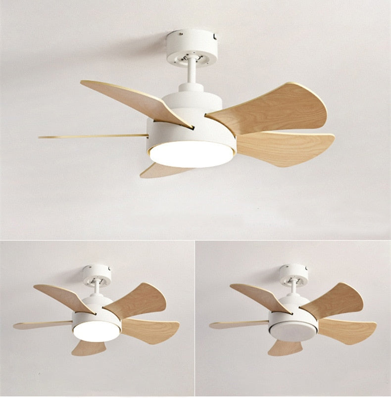 Wood Children&#39;s room ceiling fan lamp with lights remote control living room dining room kitchen Nordic wooden fans