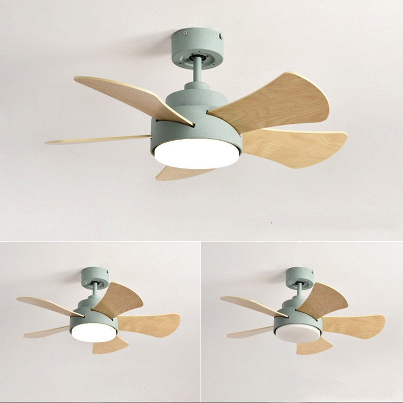 Wood Children&#39;s room ceiling fan lamp with lights remote control living room dining room kitchen Nordic wooden fans