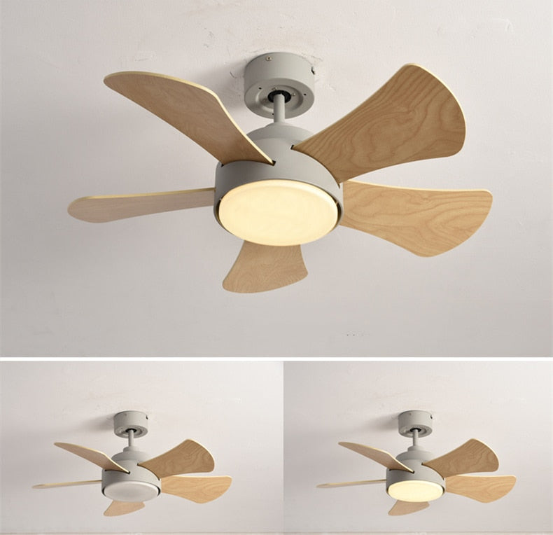 Wood Children&#39;s room ceiling fan lamp with lights remote control living room dining room kitchen Nordic wooden fans