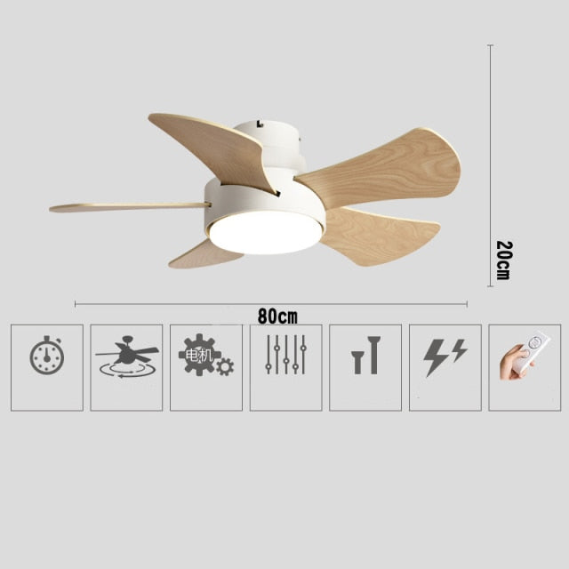 Wood Children&#39;s room ceiling fan lamp with lights remote control living room dining room kitchen Nordic wooden fans