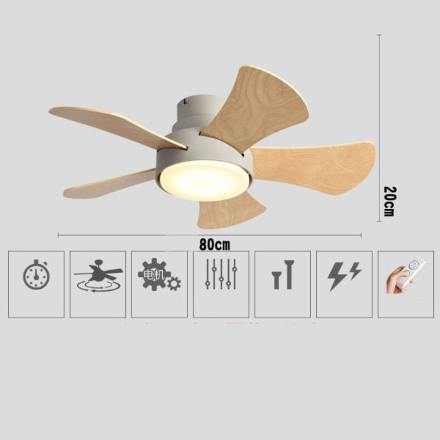 Wood Children&#39;s room ceiling fan lamp with lights remote control living room dining room kitchen Nordic wooden fans