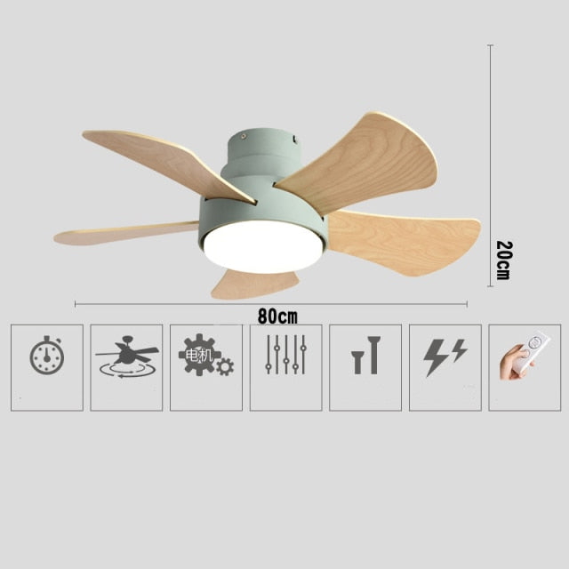 Wood Children's room ceiling fan lamp with lights remote control living room dining room kitchen Nordic wooden fans