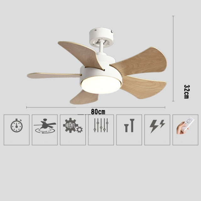 Wood Children&#39;s room ceiling fan lamp with lights remote control living room dining room kitchen Nordic wooden fans