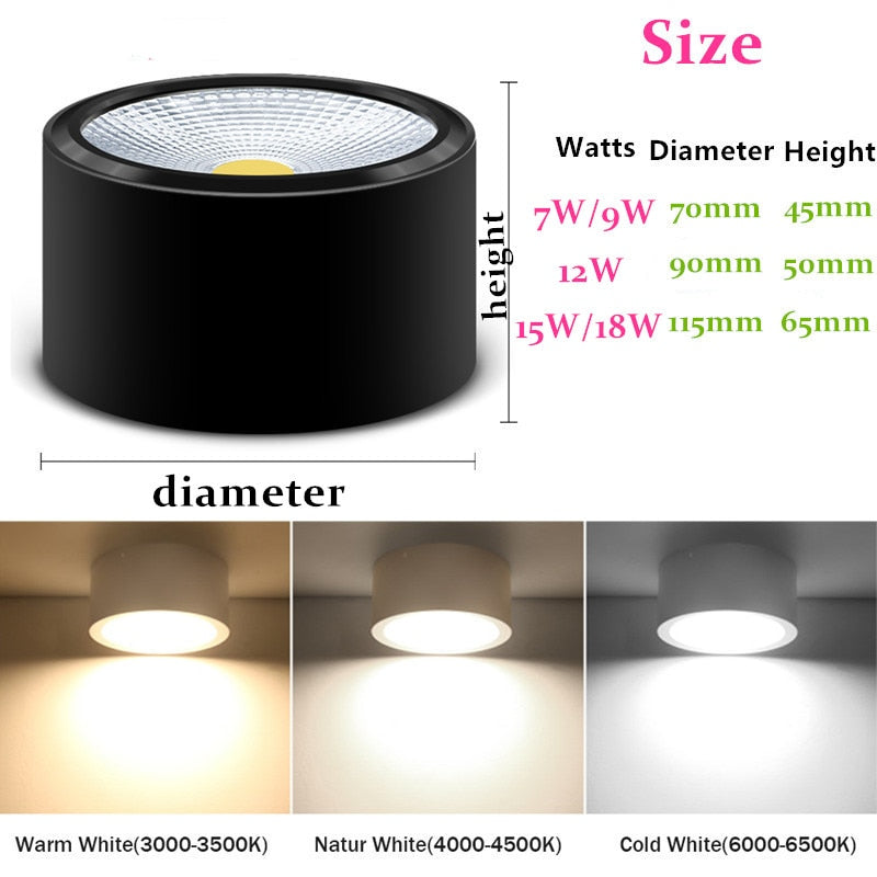 Dimmable AC85-265V High Quality Surface Mounted LED COB Downlight 7w 9w 12w 15w 18w Ceiling Light Spotlight Downlight Indoor
