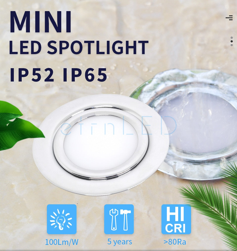 etrnLED Waterproof Spotlight Ultra Thin Recessed Led Downlight 12V 3W IP65 Cabinet Closet Bathroom Veranda Sauna Light Ceiling