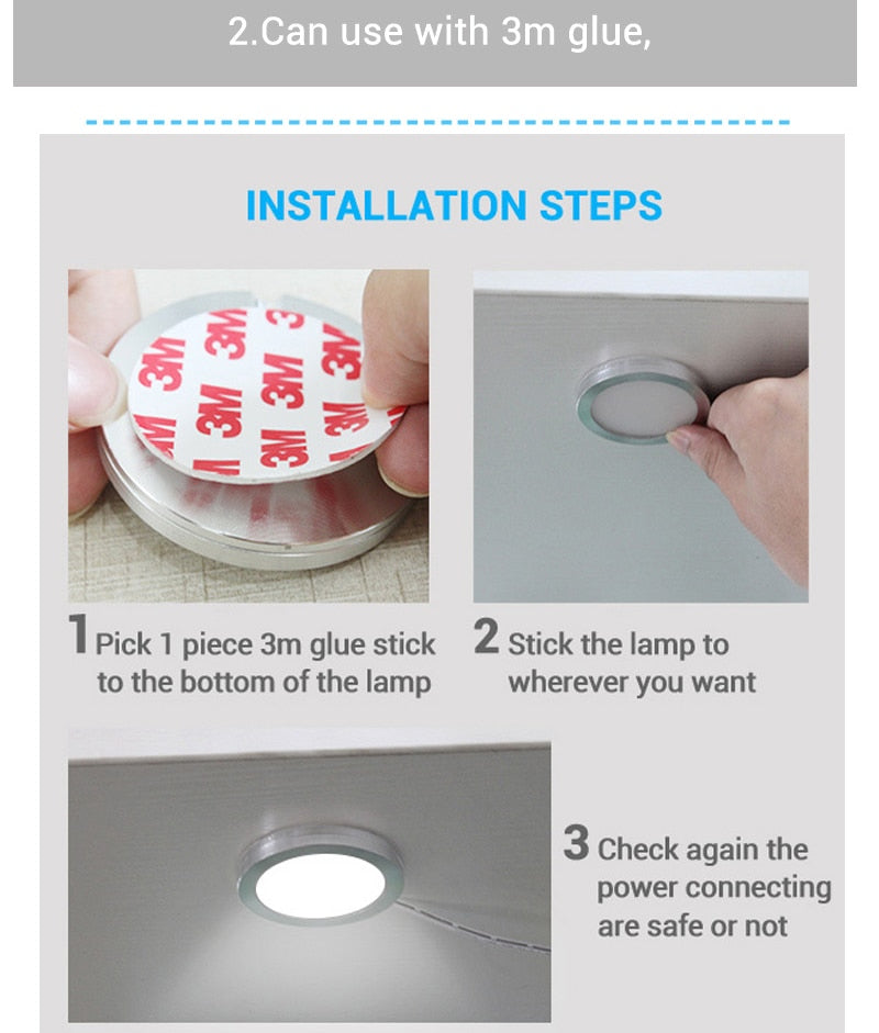 LED DownLight DC12v 3W Under Cabinet Wardrobe Showcase Lamp with Wire 3M back glue or screw installation Kitchen Dome Light