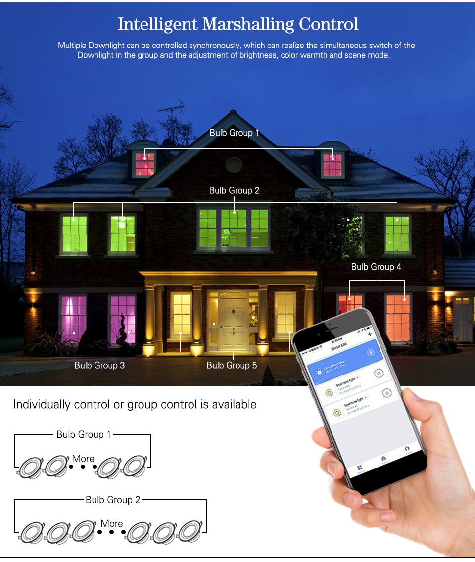 ZigBee RGB Smart LED Downlight Dimming Round Spot Light 7W 9W RGB + Warm + White Color Changing Light Works Alexa AC110-250V