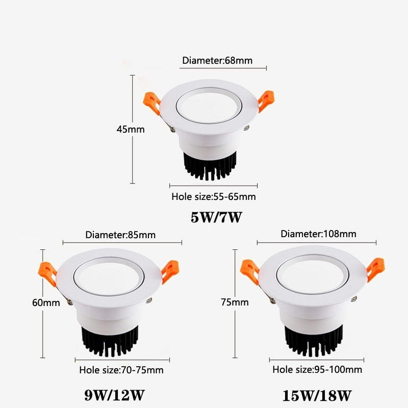 Dimmable LED COB Spotlight Ceiling lamp AC85-265V 5W 7W 9W 12W 15W 18W Aluminum recessed downlights round Led Spot Light