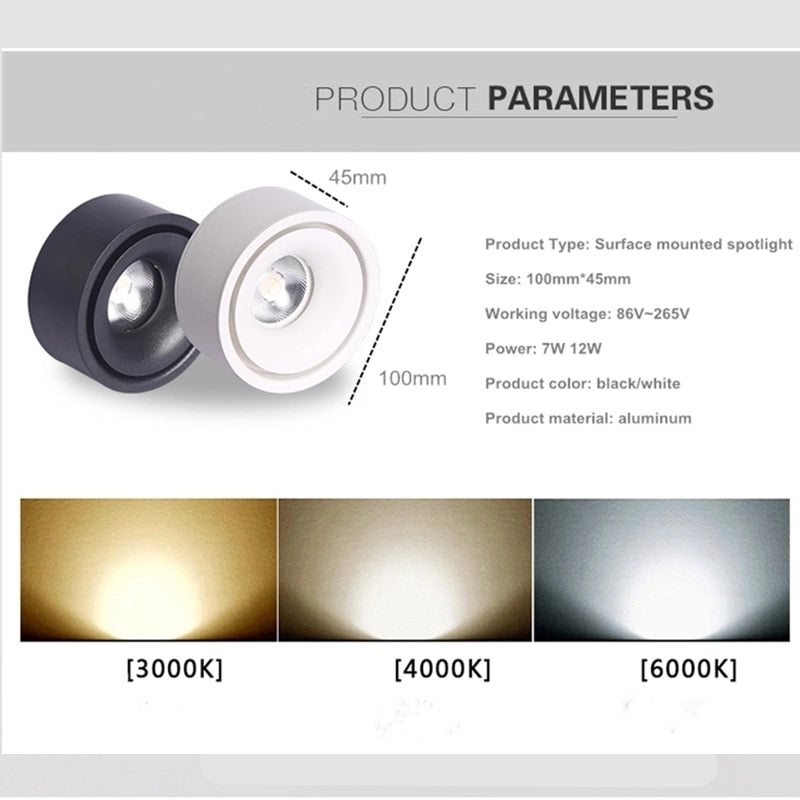 Round dimmable Led surface mounted spotlight COB non-opening ceiling spotlight 7W/12W living room surface mounted downlight