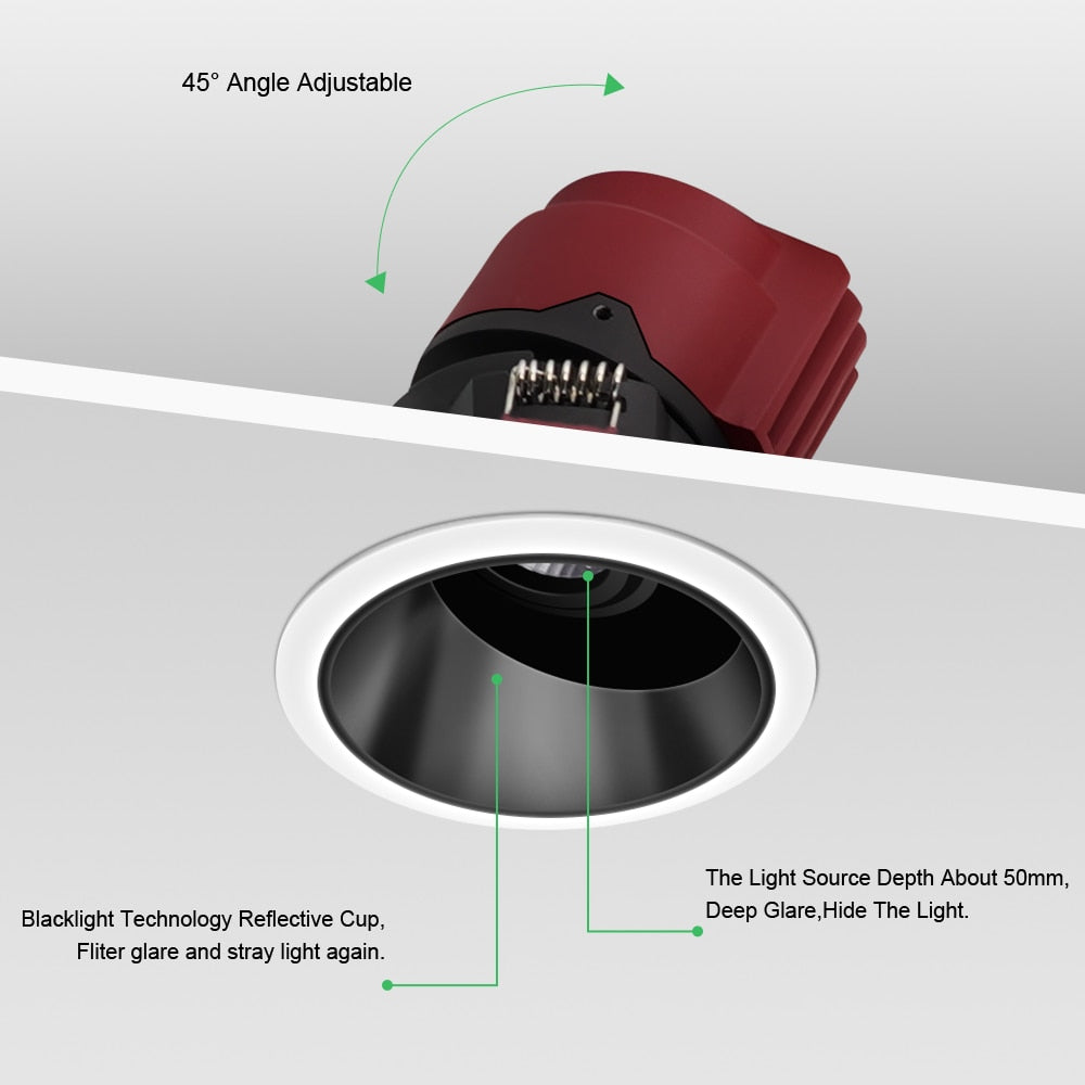 DBF 2021 New Deep-Glare LED Recessed Downlight 7W 12W 15W 45 Degrees Angle Adjust Round Ceiling Spot Lights Kitchen Living Room