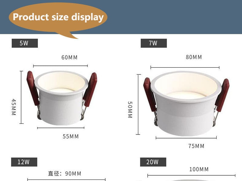 Frameless angle adjustable embedded LED downlight 5W 7W 12W 20W dimmable deep glare LED ceiling spotlights home lighting