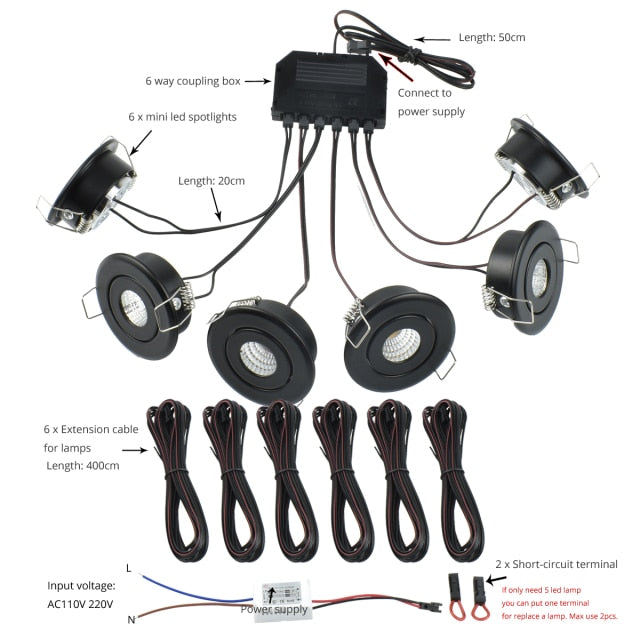 Mini LED Spot Downlights Lamp Set Ceiling Recessed 3W x 6 pcs COB 40mm Hole Silvery Black White 4m Long cord Cabinet Lights kit