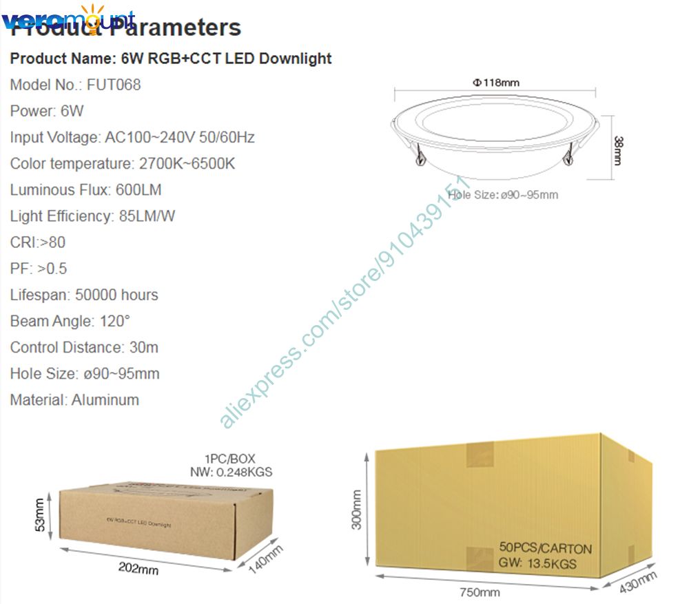 MiBoxer FUT068 6W Smart RGB+CCT Downlight with Driver AC 110V 220V 2.4G Wireless RF Remote WiFi APP Alexa Google Voice Control