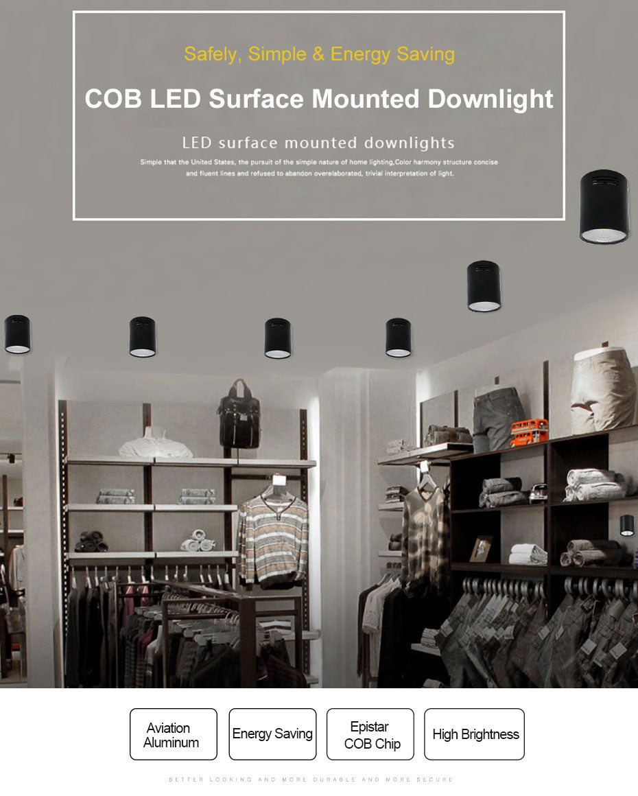 DBF High Bright Epistar COB LED Surface Mounted Downlight Dimmable 3W 5W 7W 10W 12W 15W Ceilling Spot Lamp White/Black Housing