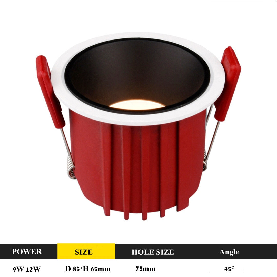 Frameless Anti Glare Lens COB Recessed Downlight dimmable 9W 12W Round LED Ceiling Spot Light 220/110VBedroom Picture Background