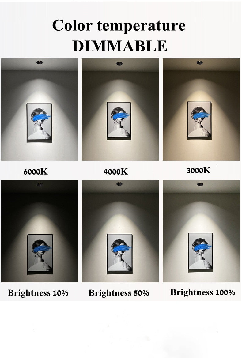 Frameless Anti Glare Lens COB Recessed Downlight dimmable 9W 12W Round LED Ceiling Spot Light 220/110VBedroom Picture Background