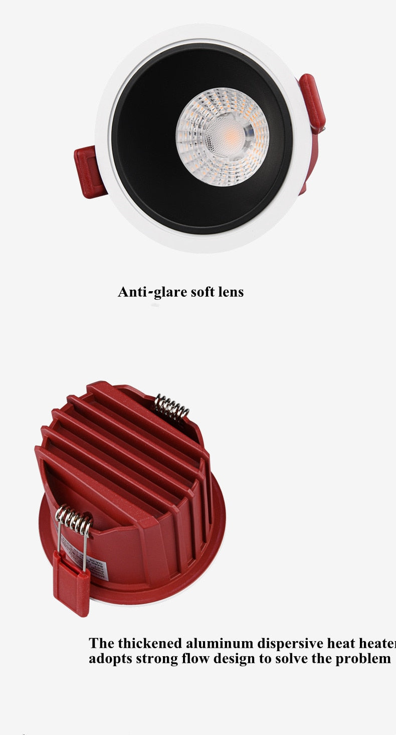 Frameless Anti Glare Lens COB Recessed Downlight dimmable 9W 12W Round LED Ceiling Spot Light 220/110VBedroom Picture Background