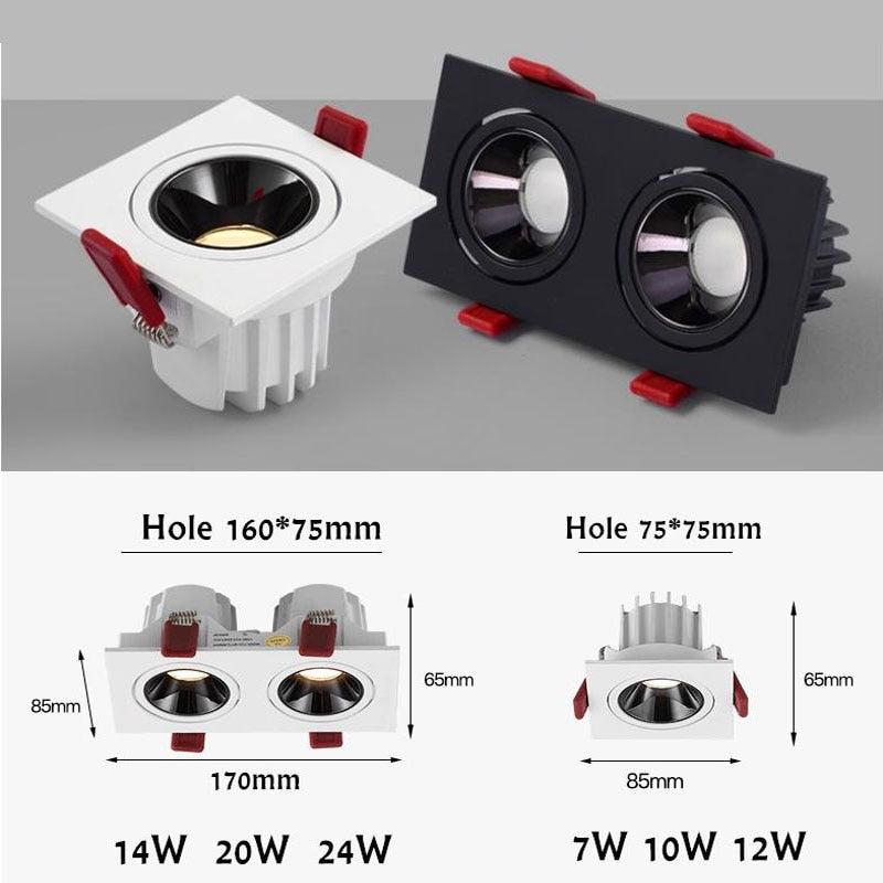 Angle Adjustable Anti-glare Square LED COB Recessed Downlight 7W 10W 12W 20W LED Ceiling Spot Light Kitchen Living room Indoor