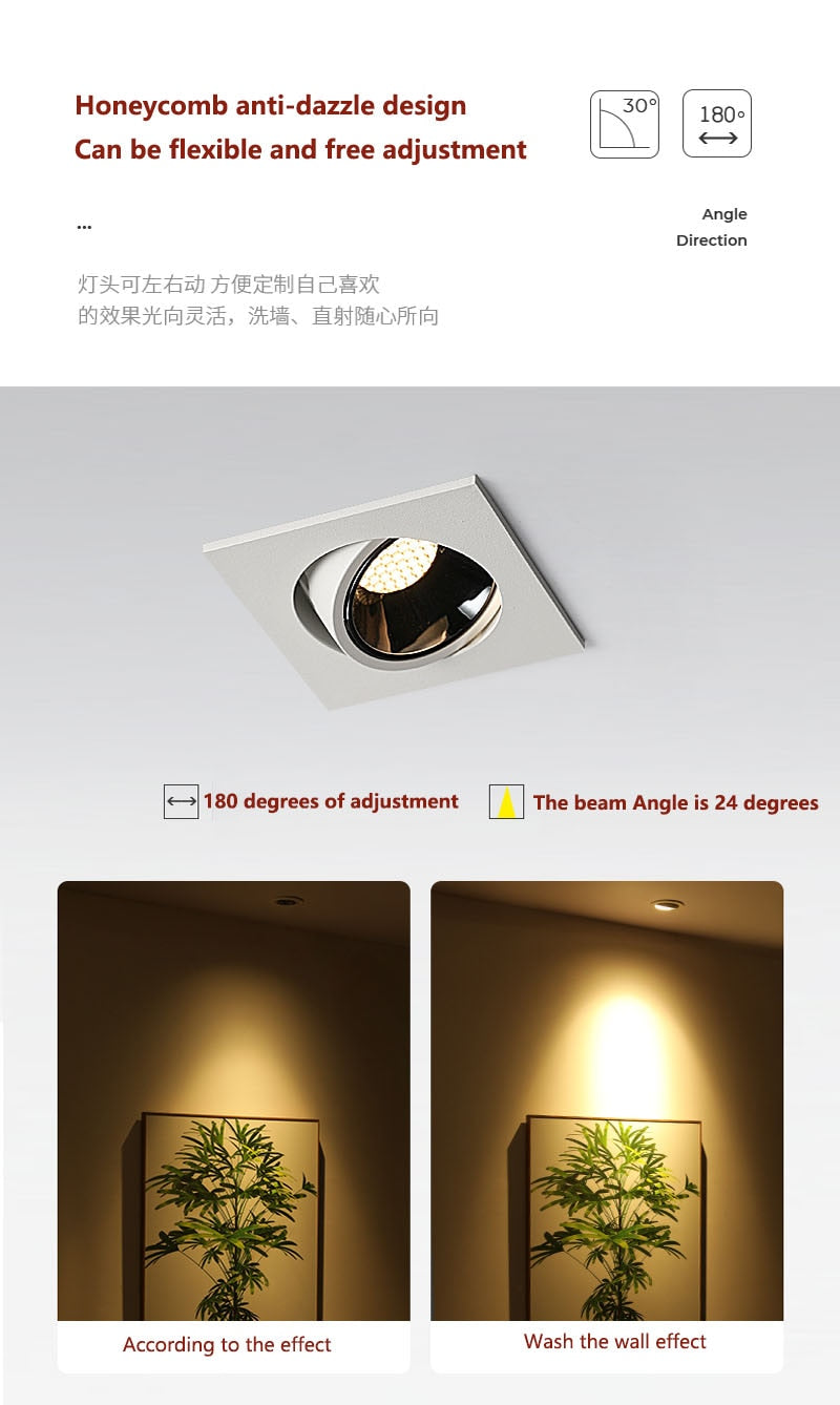 Angle Adjustable Anti-glare Square LED COB Recessed Downlight 7W 10W 12W 20W LED Ceiling Spot Light Kitchen Living room Indoor