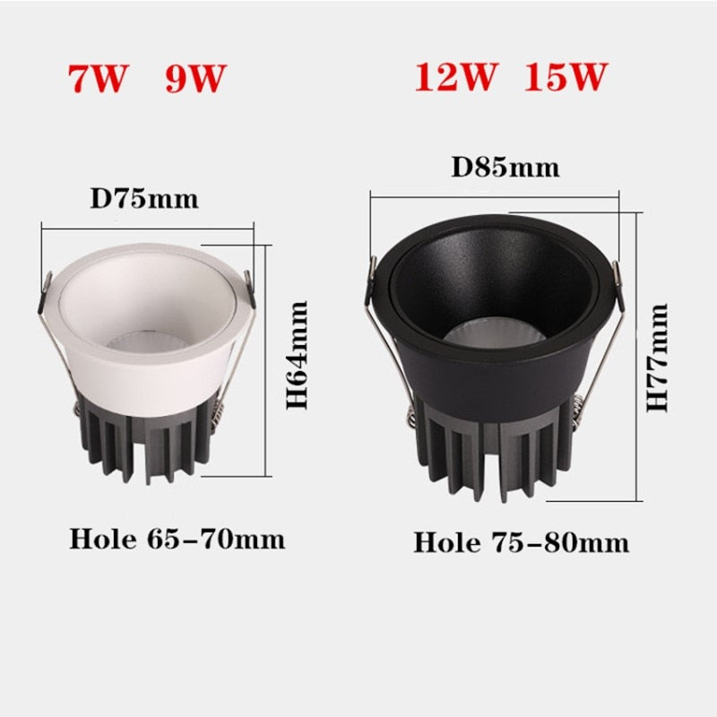 Dimmable recessed LED downlights 7W 9W 12W 15W COB LED Ceiling lamp Spotlights lampnarrow side opening LED lamp indoor lighting