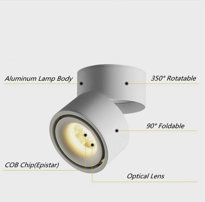 Dimmable COB LED Downlights Surface Mounted LED Ceiling Lamps 7W/10W/15W Foldable And 360° Rotatable Background Spotlights